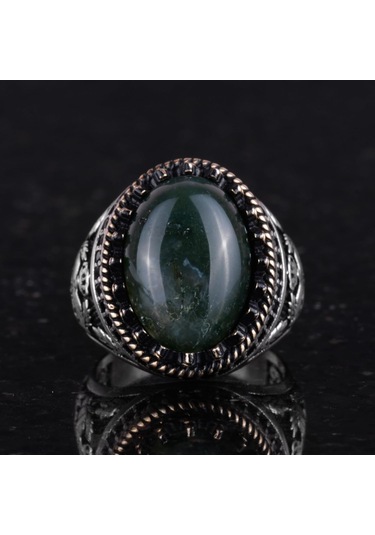 Gerçek Doğal Taş Yüzük - El Yapımı Kartal Yüzüğü - 925 Ayar Gümüş Moss Agate Yüzük Gümüş