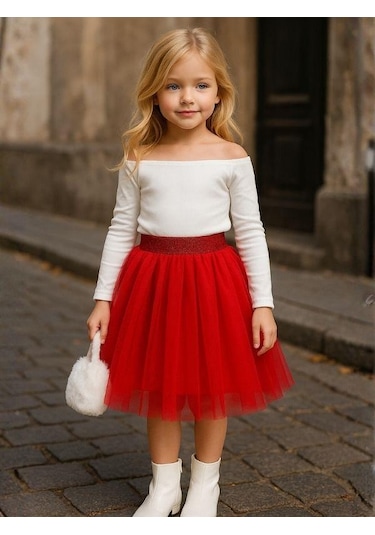 Kız Çocuk Beli Lastikli Tütü Etek-16227 Kırmızı