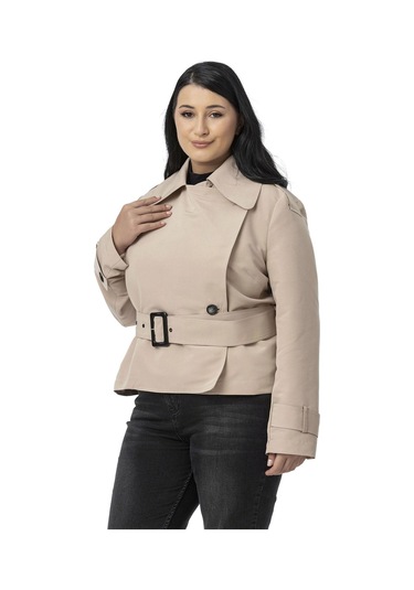 Büyük Beden Mono Yaka Kemerli Astarlı Kısa Bej Rengi Trençkot Bej