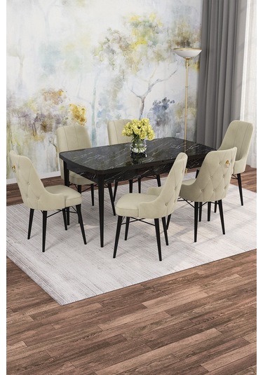 Mona Siyah Mermer Desen 80x132 Açılabilir Mdf Masa Yemek Odası Takımı, Mutfak Takımı 6 Adet Sandalye Siyah Mermer - 6 Krem - Siyah Ayak Mona Siyah Mermer Desen 80x132 Açılabilir Mdf Masa Yemek Odası Takımı, Mutfak Takımı 6 Adet Sandalye Siyah Mermer - 6 Krem - Siyah Ayak