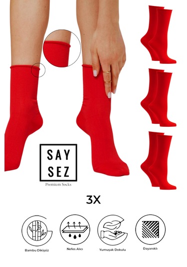 Bambu Kadın Lastiksiz Kırmızı Soket Dikişsiz Premium Çorap 3'lü Kırmızı
