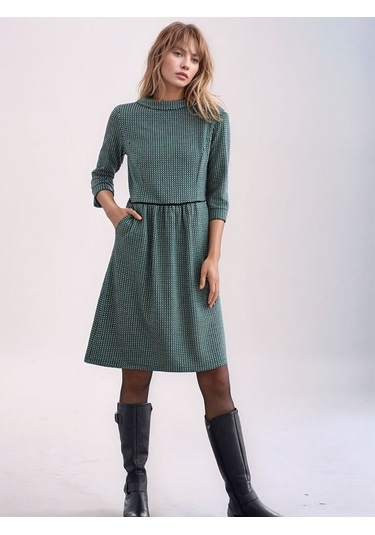 Kadın Degaje Yaka Uzun Kollu Cepli Büyük Beden Curve Şık Elbisesi Mavi