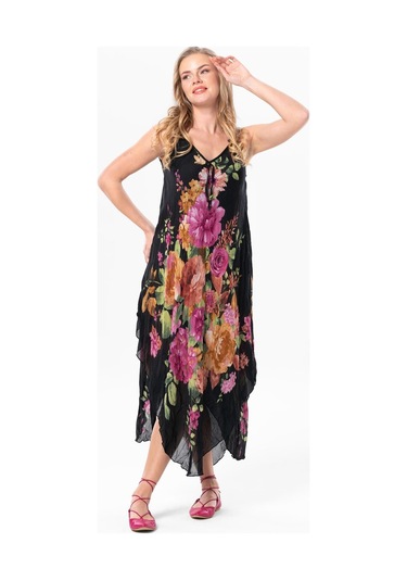Askılı Vual Afrodit Midi Boy Yazlık Elbise Siyah 6190 - Kadın