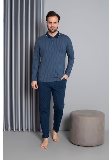 Erkek Düğmeli Desenli Uzun Kollu Pijama Takımı 16585 Mavi Mavi