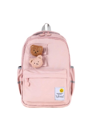 Young 51666 İki Ayıcık Maskotlu Okul Çantası Sırt Çantası Lise Çantası Spor Çanta Günlük Çanta Pembe Desenli