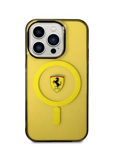 İphone Uyumlu 14 Pro Max Kılıf Ferrari Magsafe Şarj Özellikli Yarı Transparan Dizayn Kapak Sarı