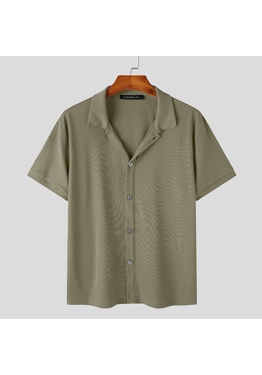 İncerun Erkek Günlük Giyim Düz Renk Örme Kısa Kollu Gömlek Yeşil