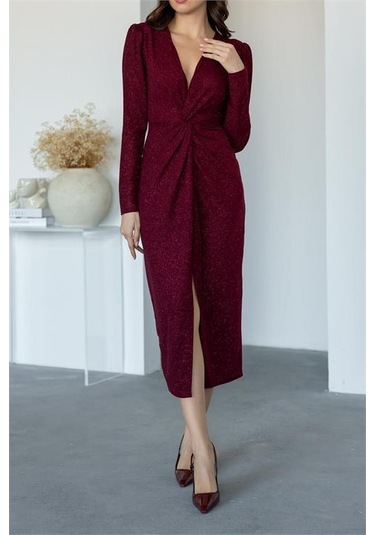 Kadın Büzgü Detaylı Simli Gece Elbisesi Dpnbmy3633 Bordo