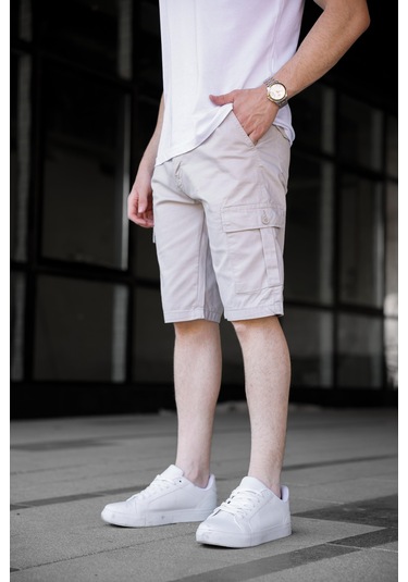 Taş Renk Kargo Cepli Gabardin Erkek Şort-1803 Taş