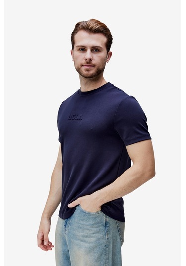 Canary Lacivert Bisiklet Yaka Gofre Baskılı Modal Kumaş Standard Fit Erkek Tshirt Siyah