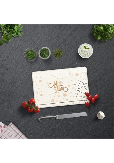 Decorita Cam Kesme Tahtası|Mutlu Yıllar Krem|20cm x 30cm