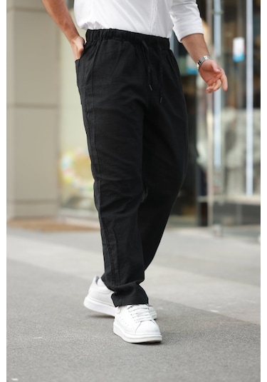 Erkek Beli Lastikli Keten Rahat Pantolon Siyah