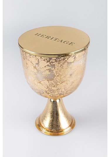 Altın Varak Eskitme Ayaklı Cam Mumluk Kokusuz Mum Yazı Kapaklı Büyük 24.5x15 Cm