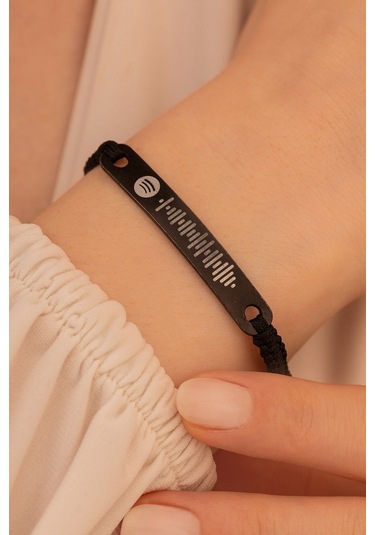 Spotify Kadın Çelik Bileklik Siyah Dikdörtgen Model Çelik