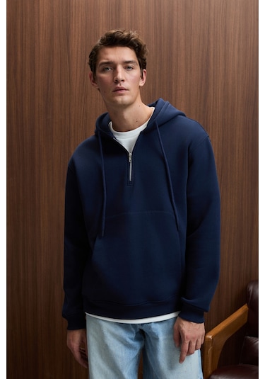 JUSTUS Erkek Kapüşonlu Kanguru Cepli Fermuar Yakalı Lacivert Sweatshirt