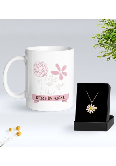 Bk Gift Kişiye Özel İsimli Çiçek Tasarımlı Beyaz Kupa Ve Papatya Kolye Hediye Seti - 18, Sevgiliye Hediye, Anneye Hediye, Arkadaşa Hediye Kobitmeyenco
