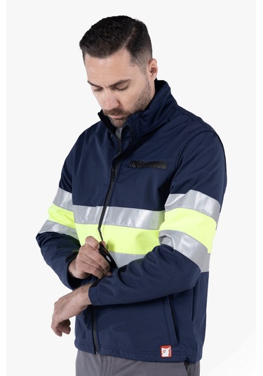 Çift Sıra Reflektörlü Neon Softshell Mont Lacivert - Sarı