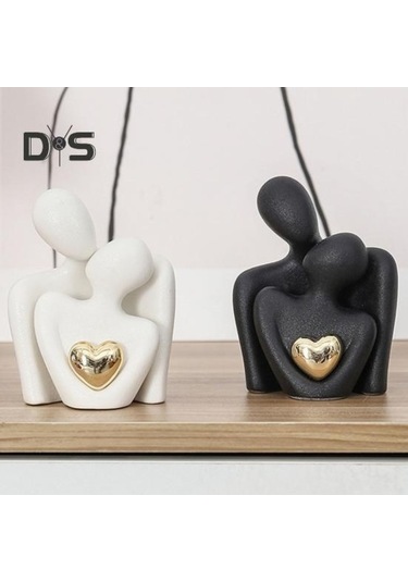 Novahub Çift Kucaklama Heykeli Beyaz Seramik Altın Kalp Erkek Kadın Aşk Heykeli Oturma Odası Yatak Odası Biblo M