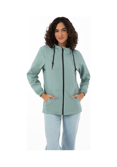 Kadın Astarlı Su Geçirmez Ve Rüzgara Dayanıklı Kapüşonlu İç Cepli Mevsimlik Yağmurluk Mint Yeşil
