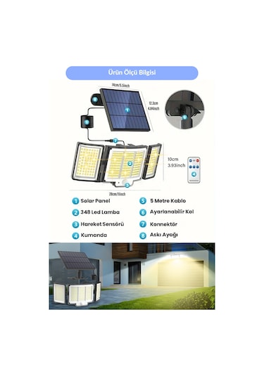 Technosmart Geniş Açılı Solar Projektör Bahçe Aydınlatma 348 Led, Kumanda Kontrollü, Sarı Işık