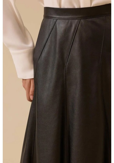 Kadın Suni Deri Kloş Etek - Siyah Siyah