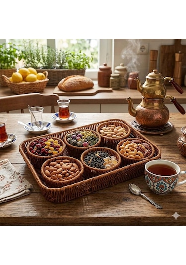Kosova Wicker 7'li Tepsili Çerezlik Set Kahverengi