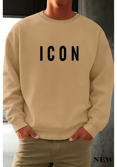 Icon Baskılı Bisiklet Yaka Sweatshirt Taş Rengi