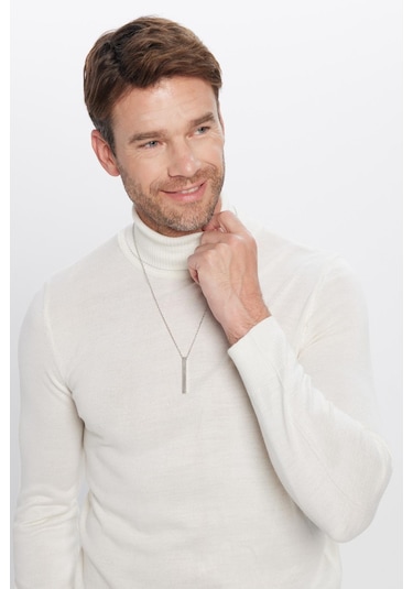 Erkek Slim Fit Dar Kesim Tam Boğazlı Yaka Düz Yün Beyaz Triko Kazak-25727 Beyaz
