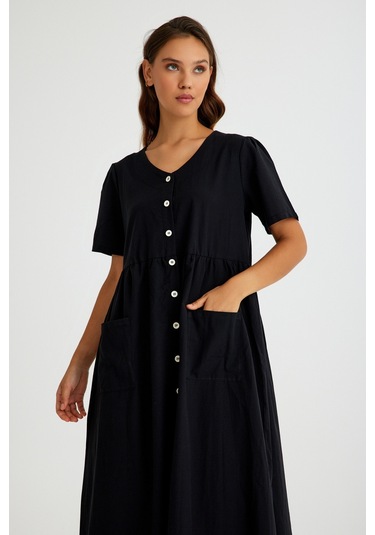 Barbora Keten Günlük Rahat V Yaka Beli Büzgü Detaylı Düğmeli Elbise Ln04siyah4 001
