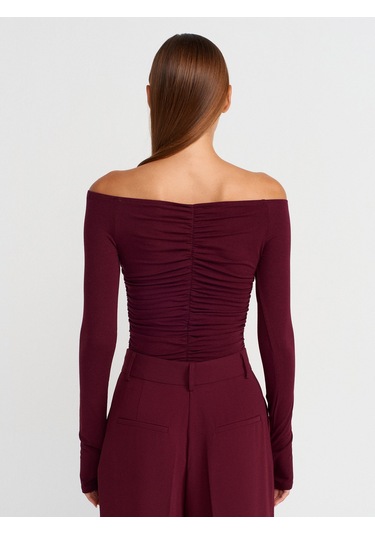 Dilvin 32089 Omuzları Açık Büzgülü Top-bordo Bordo