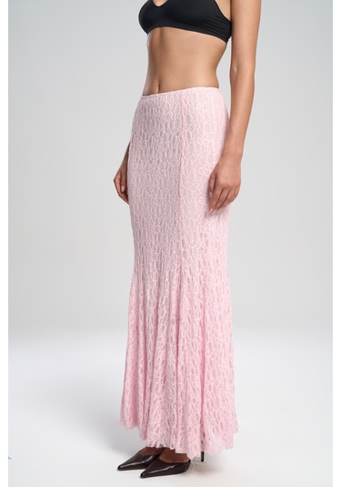 Veylia Uzun Pembe Dantel Etek Pembe