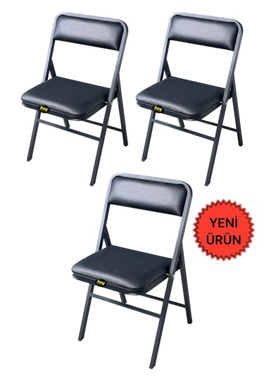 Hey 3'lü Katlanır Kamp Sandalyesi Piknik Sandalyesi Siyah Deri Siyah