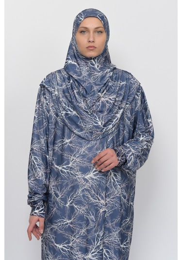 Pratik Tek Parça Ağaç Desenli Kollu Tak Çıkar Başörtülü Likralı Tesettür Namaz Elbisesi 990-0705 Lacivert Antrasit
