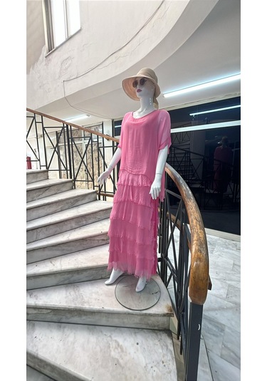 İtalyan 2 Beden Ince Gösteren Yarım Kol Kat Kat Ipek Elbise Pembe