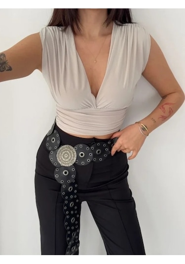 Defymoda Vatkalı Kolsuz V Yaka Drapeli Crop Bluz Likralı Fit - Boyalı Gri