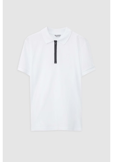 D's Damat Slim Fit Beyaz Pike Dokulu Yarım Fermuarlı Polo Yaka T-shirt 4ec14ortfrplo Beyaz