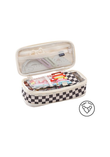 Kareli Kanvas Çift Fermuarlı Basit Büyük Kapasiteli Kalem Kutusu Siyah