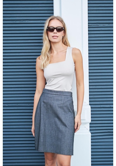 Kadın Hafif Likralı Desenli Kumaş Ekoseli Yüksek Bel Diz Boy Çan Etek-balık Sırtı Balık Sırtı