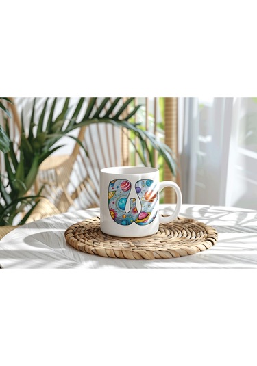 W Baş Harf Gezegen Desenli Kupa Bardak - Kişiye Özel Evren Temalı Kahve Çay Kupası - Gökyüzü Beyaz