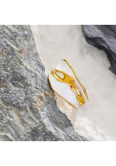 Eetit Moda Beyaz Emaye Yaratıcı Düzensiz 316 Paslanmaz Çelik Açık Halka Su Geçirmez Kadın Takı Şık Charm Bijoux Yeni Altın