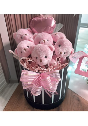Premium Silindir Hediye Kutusunda, Kalpli Balonlu 6 Lı Pembe Ayıcık Buketi