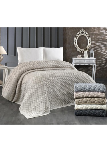 Akrilik Örgü Battaniye Çift Kişilik 220 X 240 Cm Yatak Örtüsü Pike Poly Bej