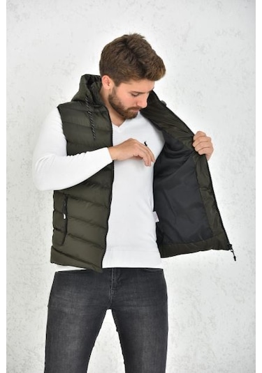 Erkek Haki Jel Dolgu Çıkarılabilir Fermuarlı Kapüşon Şişme Yelek