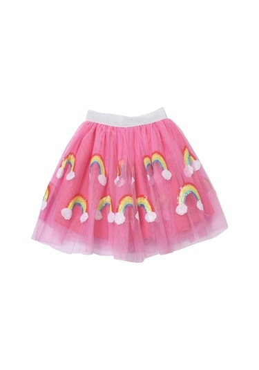 Pembe Furya Tül Parlak Gökkuşağı Aplike Işlemeli Beli Parlak Gümüş Lastikli Tutu Etek Pembe