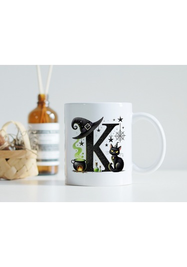 K Harfli Halloween Kedili Figür Kupa Bardak - Şapkalı Ve Kazanlı İsme Özel Kupa - Hediye Beyaz