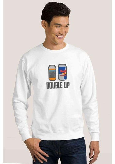 Pubg Double Up Sıyah Baskılı Beyaz Erkek Örme Sweatshirt