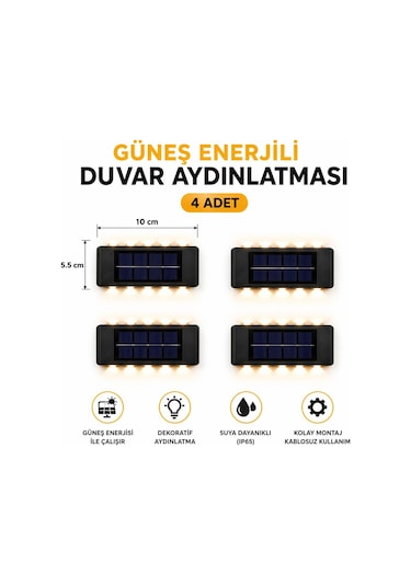 Solar Çift Açılı Güneş Enerjili Duvar Lambası-4 Adet