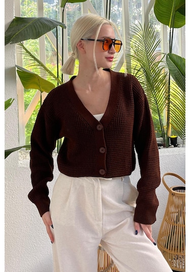 Madmext Kahverengi Uzun Kollu Düğmeli Crop Hırka Mg2198 Kahverengi