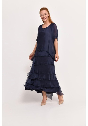 İtalyan 2 Beden İnce Gösteren Yarım Kol Kat Kat Ipek Elbise Lacivert