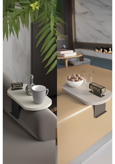 İkili Yan Sehpa Ayarlanabilir Tepsi Oval Dekoratif Beyaz